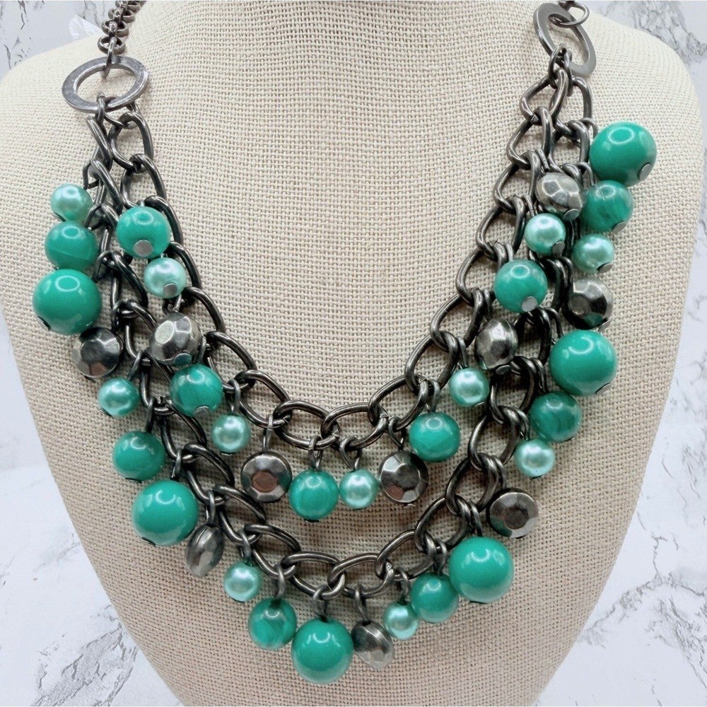 Green Gray Beaded Double Strand Necklace Antiqued Silver Tone Chain 19–22"